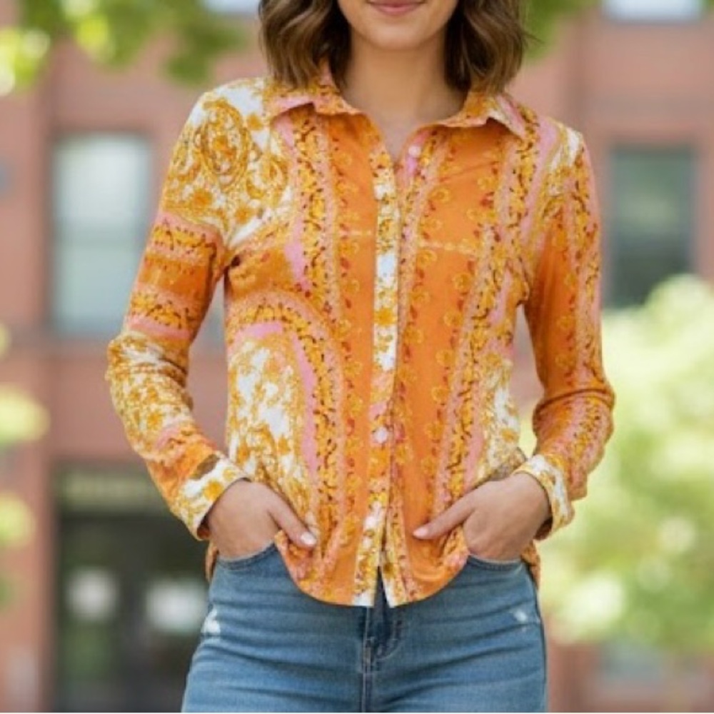 Timing Orange and White Paisley Button Down Shirt